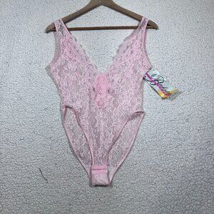 Vintage 80's Backstage Pink Lace Sheer Bodysuit Teddie Womens Medium NEW
